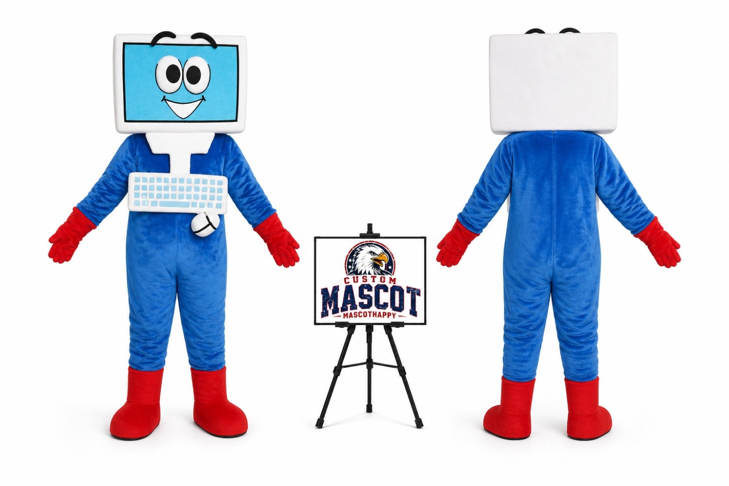 Blue Adult Computer Mascot Costume Blue Adult Computer Mascot Costume